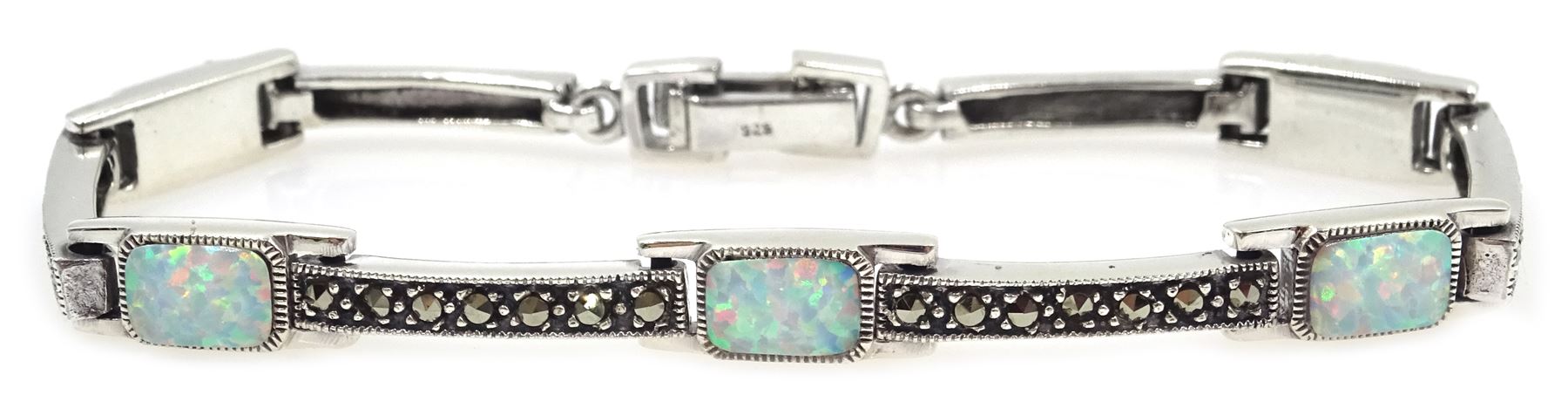 Silver opal and marcasite link bracelet