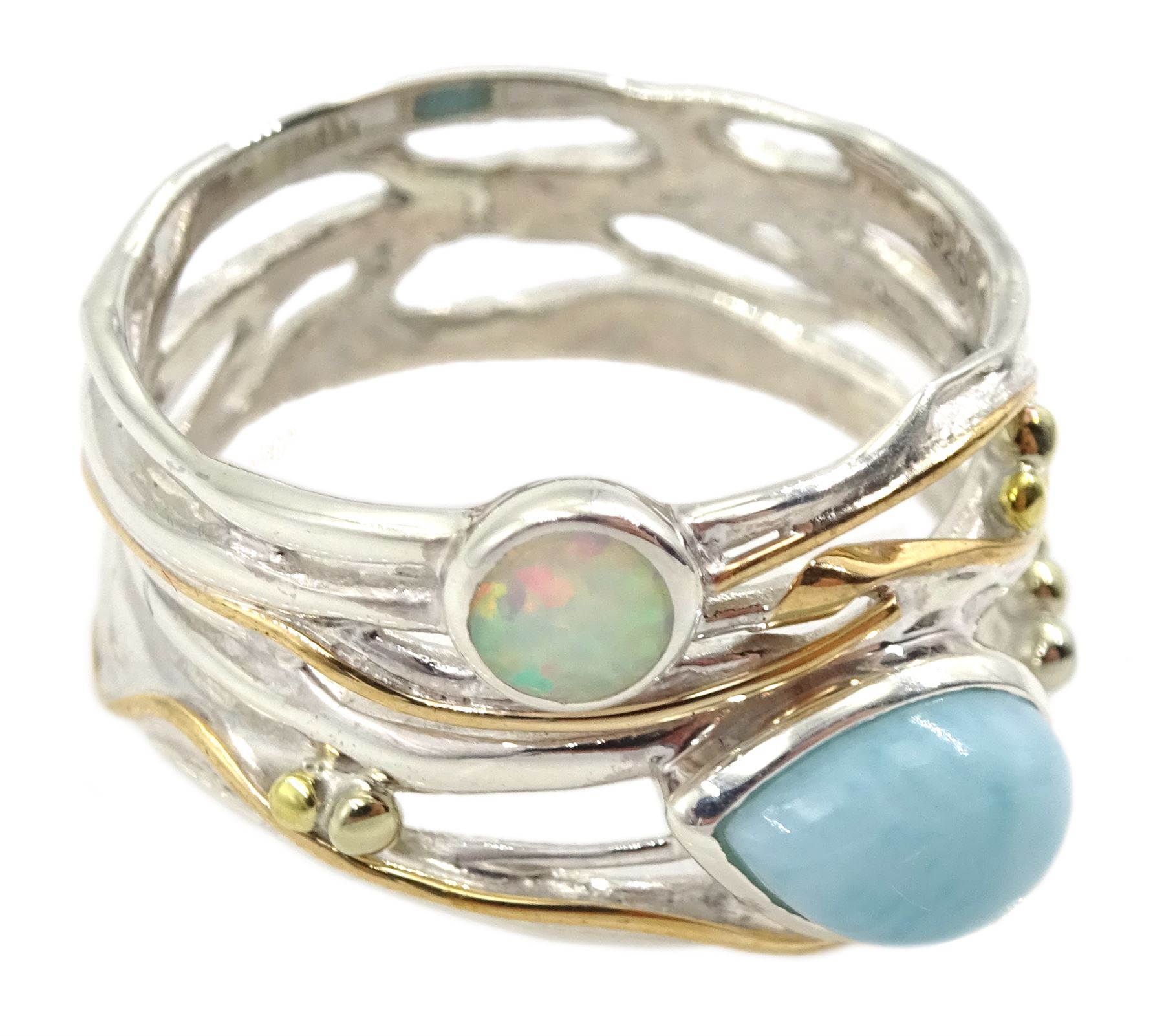 Silver and 14ct gold wire opal and larimar ring - Image 3 of 4