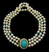 Three strand cultured pearl and turquoise bead choker necklace