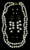 Gold cultured pearl jewellery including double row necklace