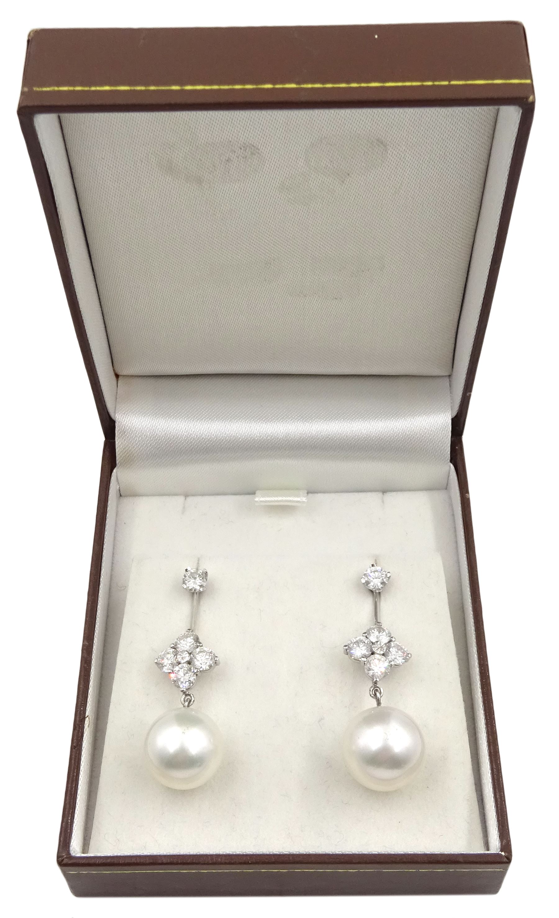 Pair of platinum south sea pearl and diamond pendant stud earrings - Image 5 of 6