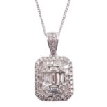 White gold baguette and round brilliant cut diamond pendant