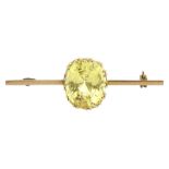 Natural cushion cut yellow sapphire gold bar brooch