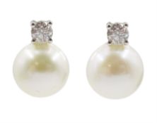 Pair of 9ct white gold round brilliant cut diamond and pearl stud earrings