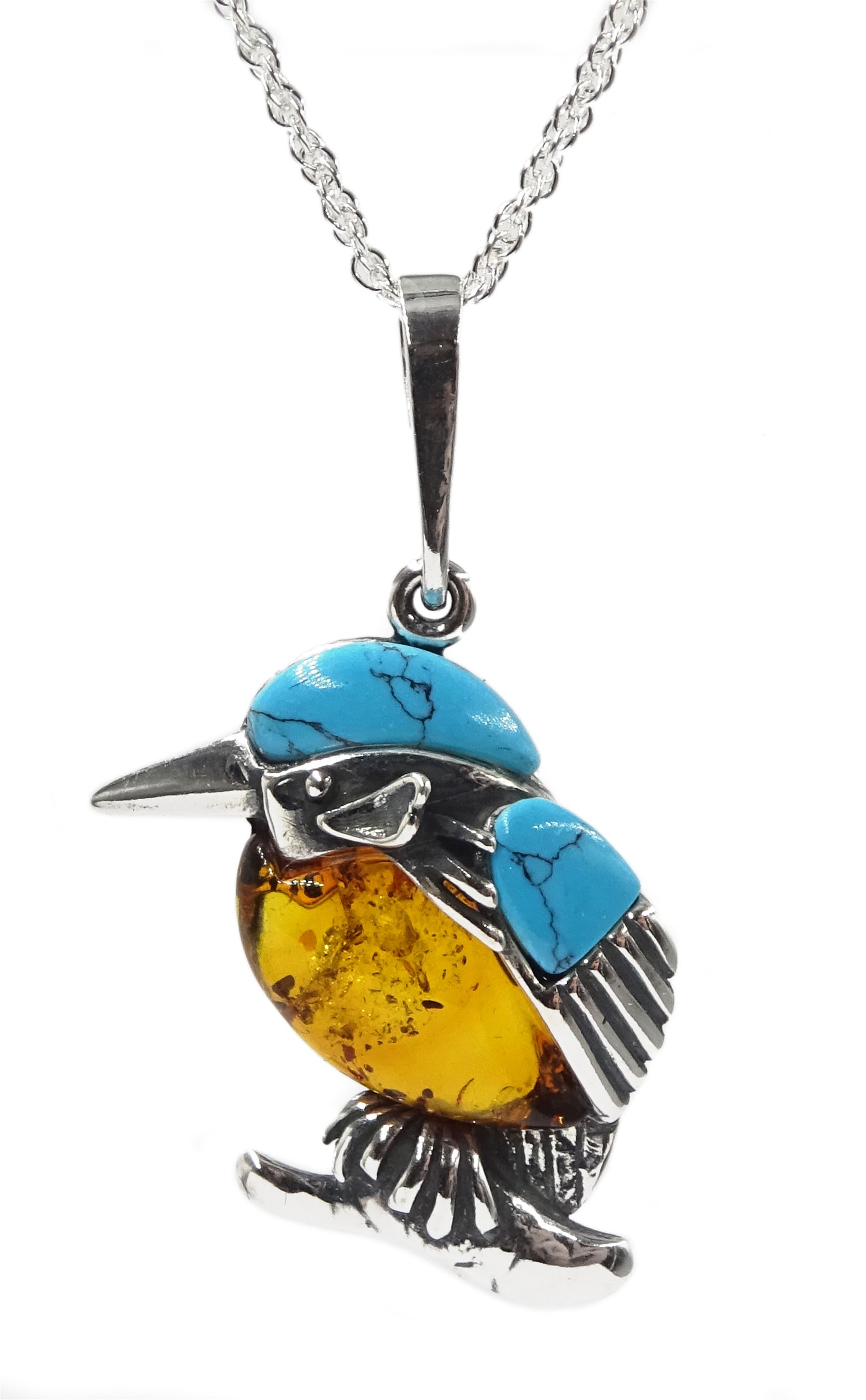 Silver Baltic amber and turquoise Kingfisher pendant necklace