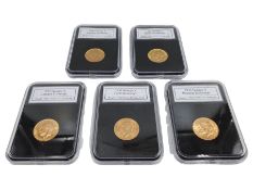 Five King George V gold full sovereign coins