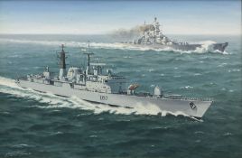 George Heiron (British 1929-2001): 'USS Missouri with HMS Edinburgh at Full Steam' - First Gulf War