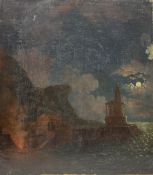 William E Jones (British fl.1849-1871): Lighthouse by Moonlight with Figures building a Bonfire on t