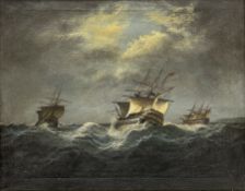 English School (20th century): 18th century Men o' War in Stormy Seas