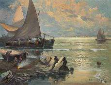 Manuel Tejero (Spanish 19th/20th century): Fishing Boats at Sunset with Campfire on the Shoreline