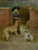 Helena Maguire (British 1860-1909): Girl at the Garden Gate with Two Dogs