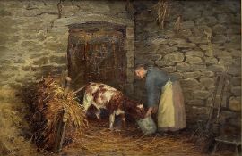 William Greaves (British 1852-1938): Farmer's Wife Feeding a Calf in Stable setting