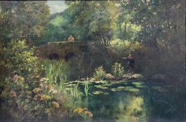 English School (19th/20th century): Fishing amongst the Lily Pads