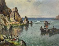 Manuel Tejero (Spanish 19th/20th century): Figures and Boats in a Rocky Cove