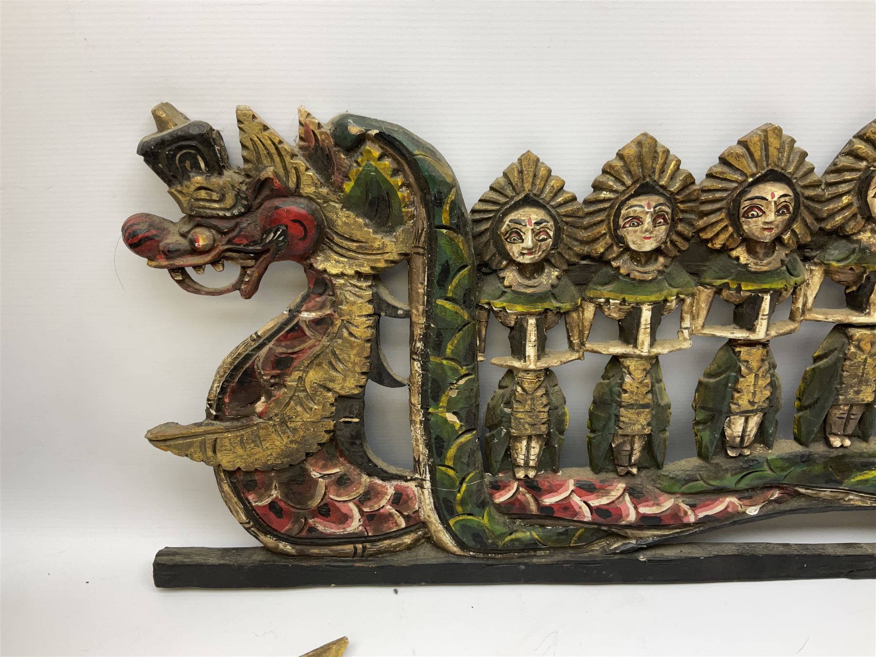 Balinese wood wall panel carved as a dragon boat with passengers - Image 10 of 17