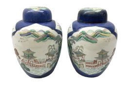 Pair of 19th century Chinese Kangxi style ginger jars and covers of ovoid form