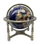 Modern hardstone inlaid terrestrial table globe in brushed steel stand