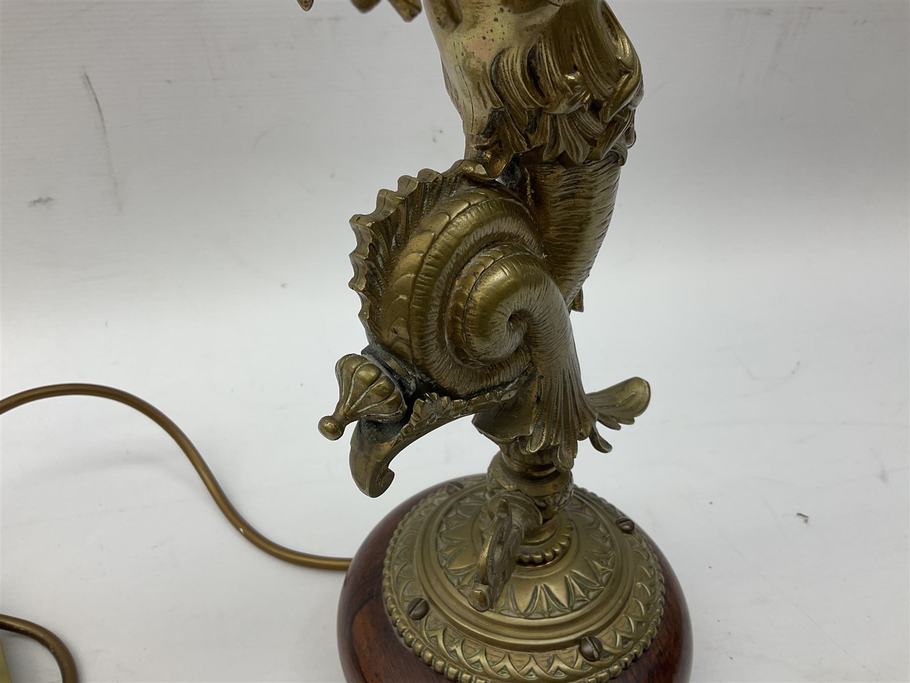 Victorian gilt bronze converted gas lamp in the form of mythical winged mermaid upon a circular oak - Image 3 of 5