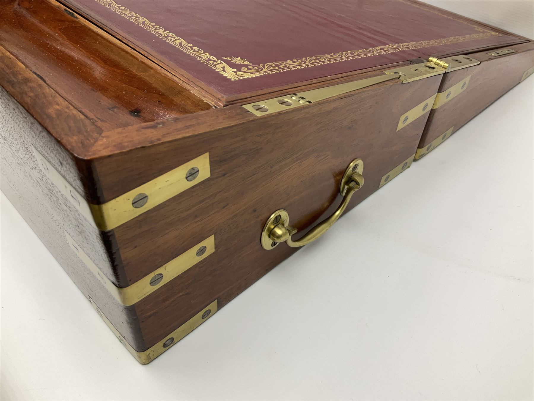 19th century mahogany and brass bound writing slope with twin drop carry handles to sides - Image 13 of 24