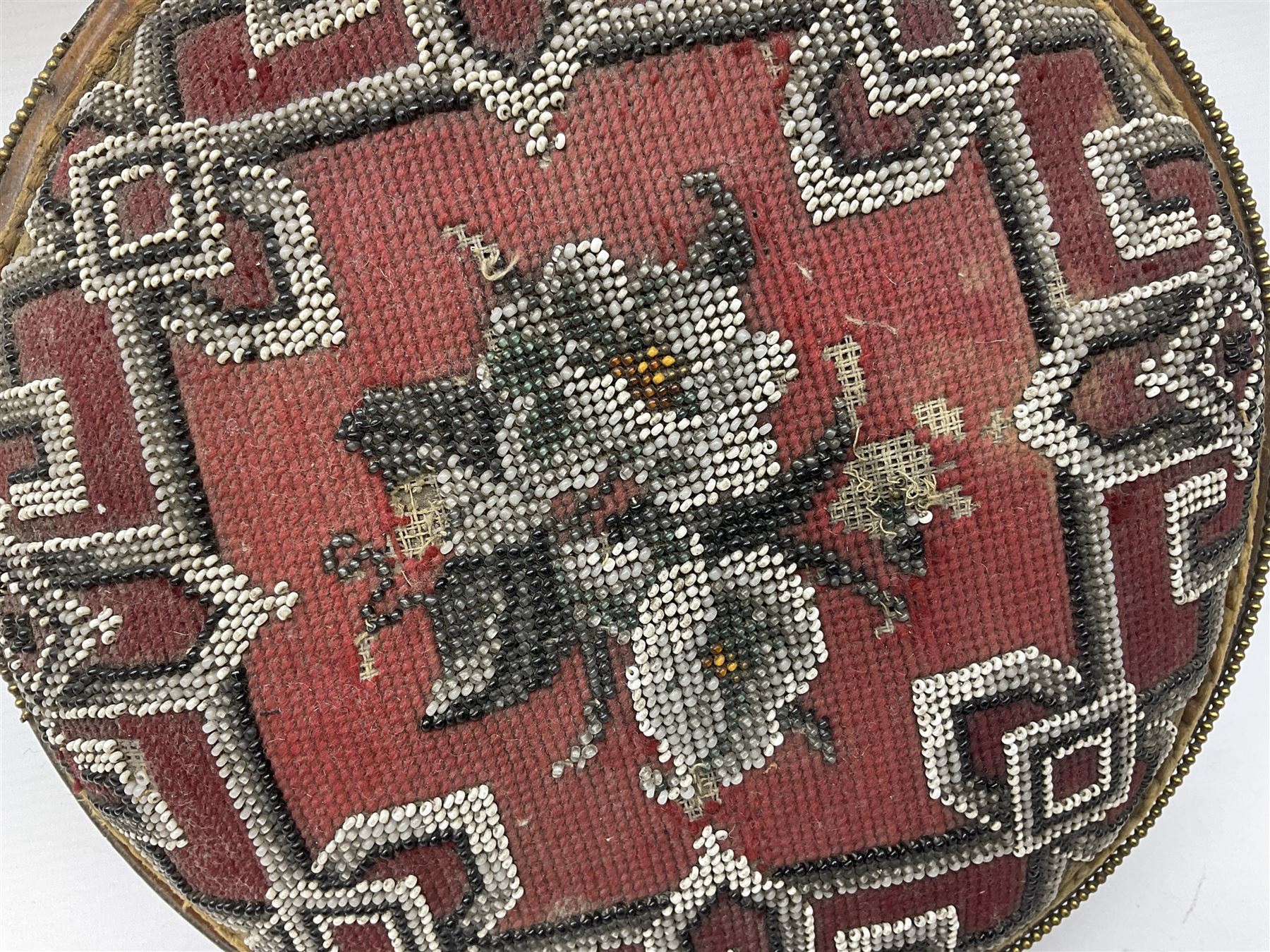 Pair of Victorian beadwork footstools of circular form with a beaded and needlework upholstery - Image 10 of 14