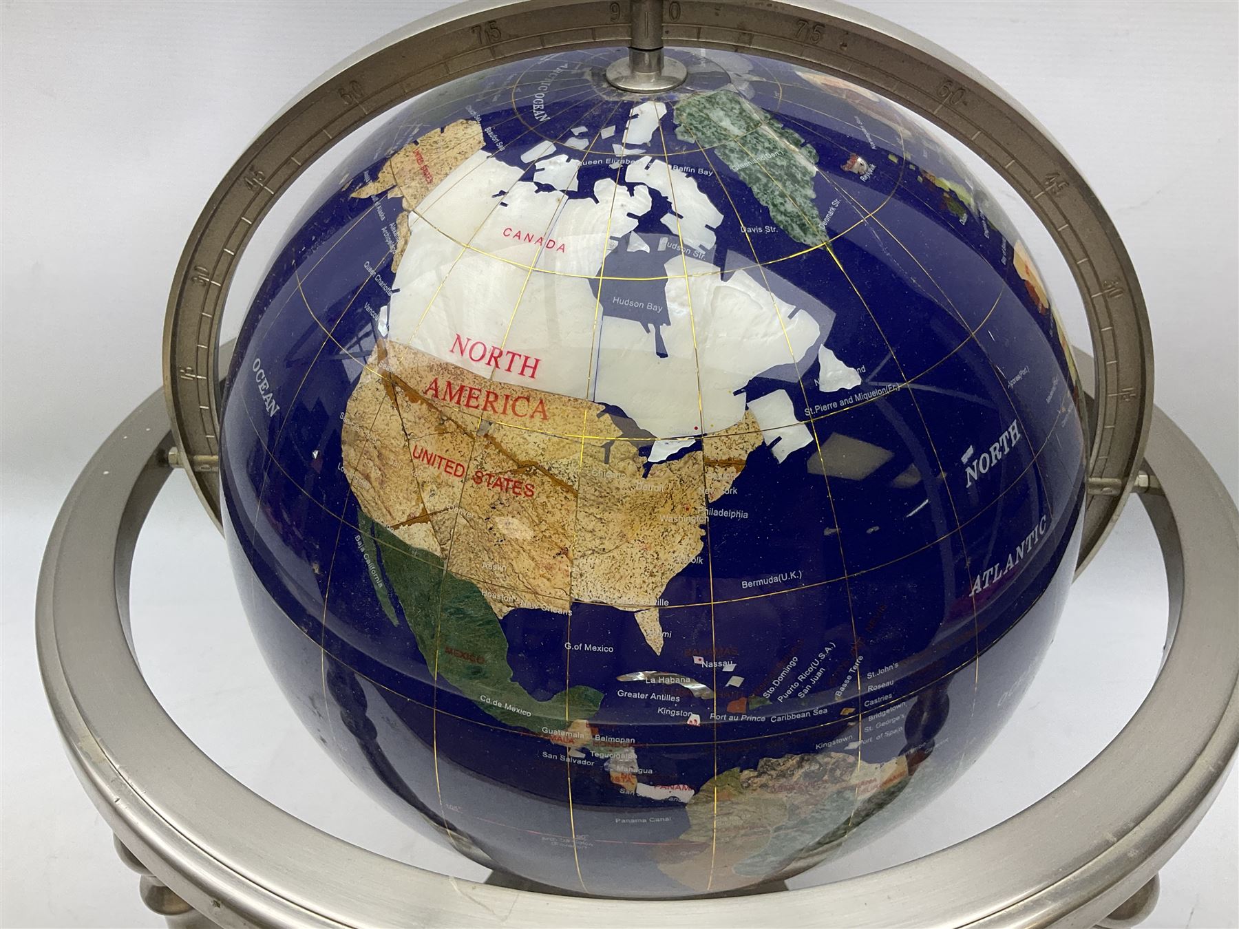 Modern hardstone inlaid terrestrial table globe in brushed steel stand - Image 3 of 9