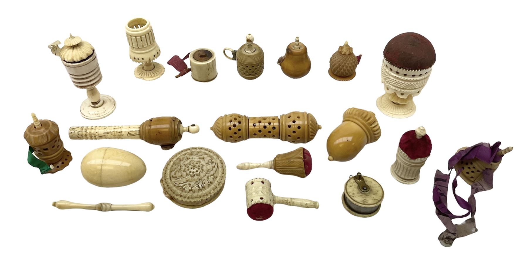 19th century bone and vegetable ivory sewing items including needles cases