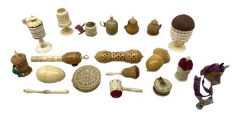 19th century bone and vegetable ivory sewing items including needles cases