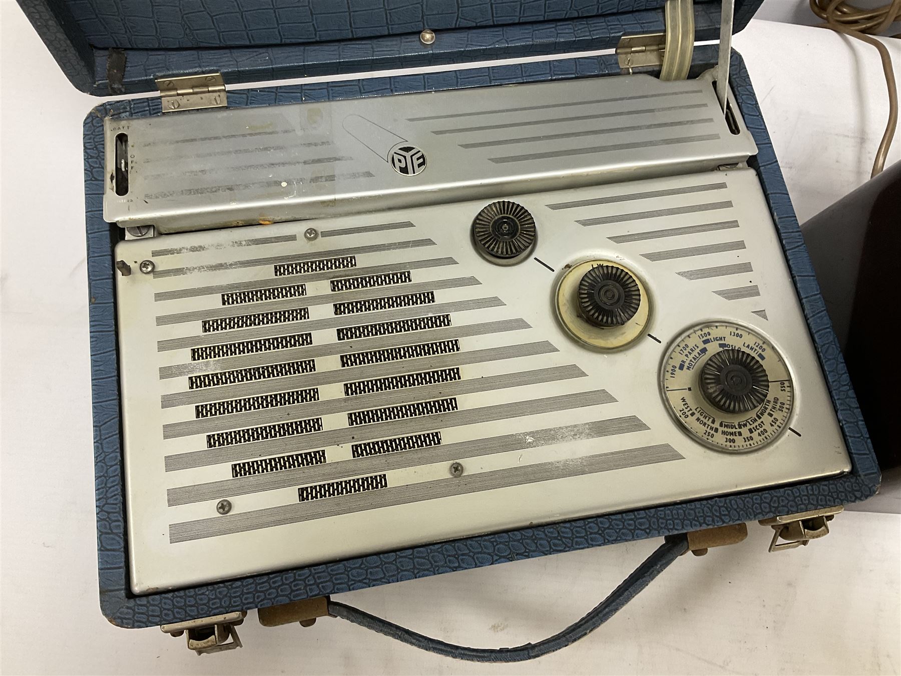 Five mid 20th Century radios comprising PYE model P31MBQ in blue faux crocodile skin case - Image 2 of 5