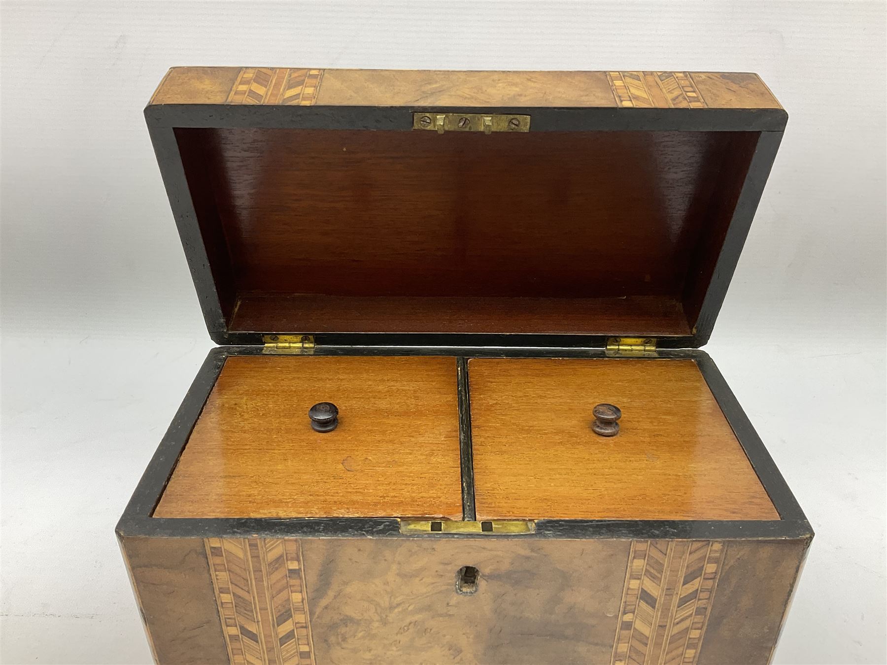 Victorian walnut tea caddy of oblong form with bands of Tunbridge style decoration - Image 3 of 7