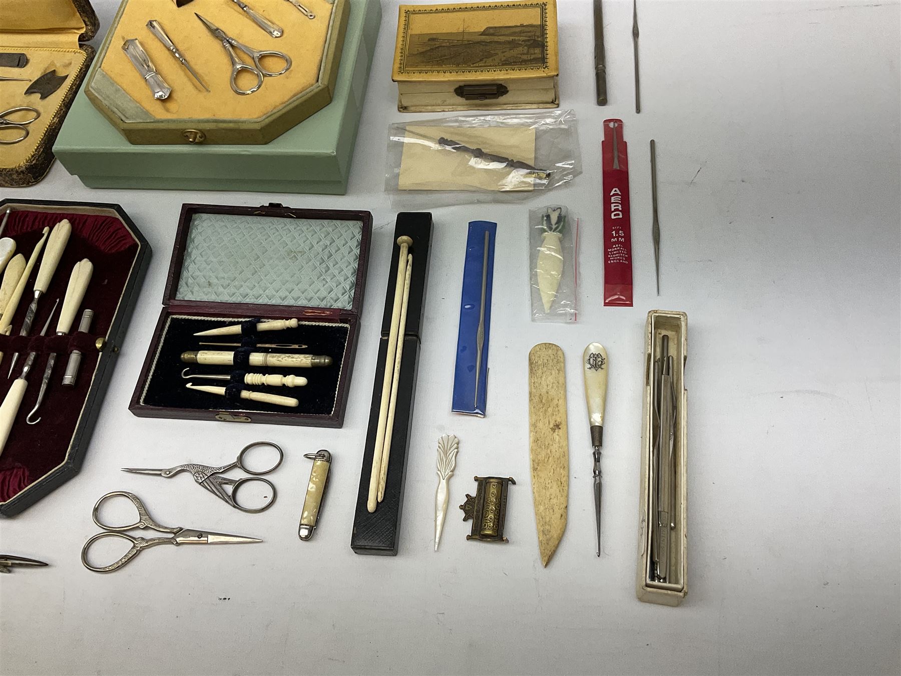Cased set of carved bone sewing instruments housed in a case depicting North Bay Scarborough - Image 8 of 9