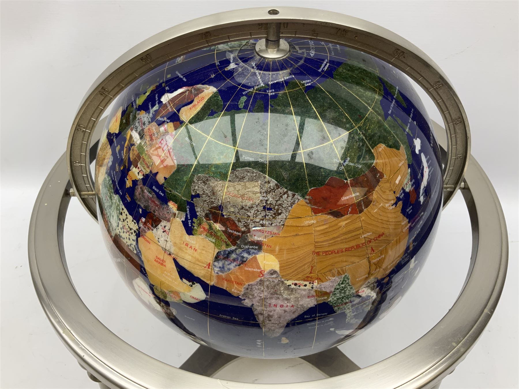 Modern hardstone inlaid terrestrial table globe in brushed steel stand - Image 2 of 9