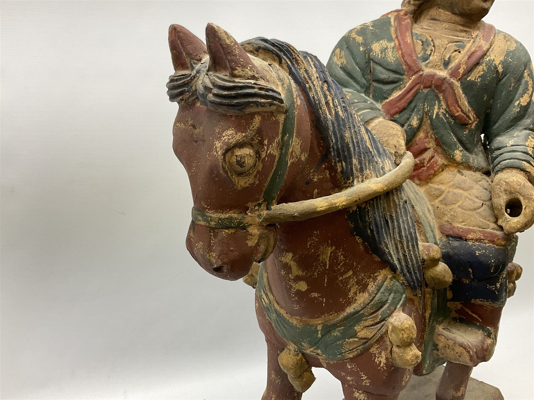 Large carved wood painted figure of warrior on horseback - Image 6 of 9