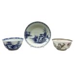Nanking Cargo blue and white tea bowl and saucer decorated in scene with pagoda in riverscape