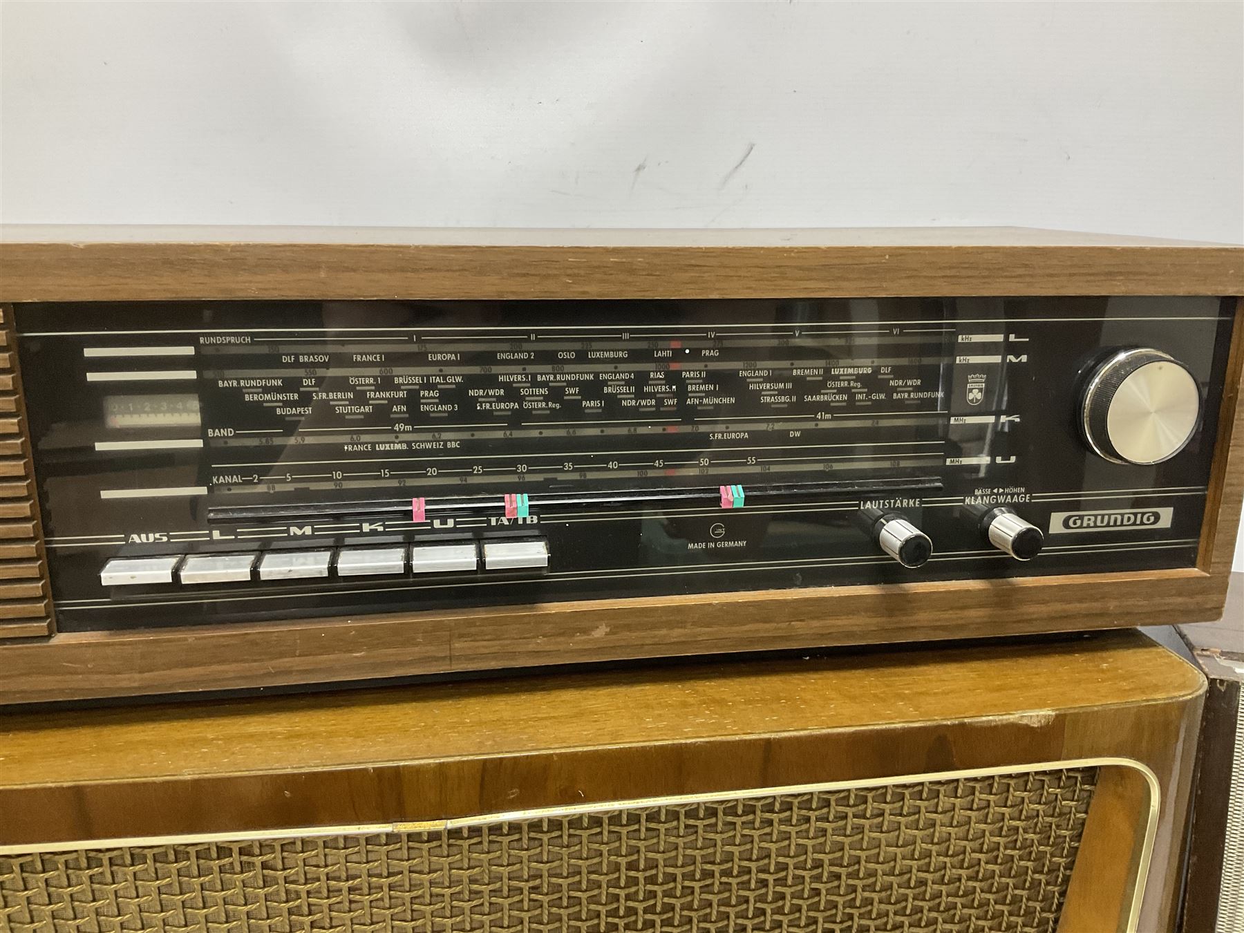 Three mid 20th century radios comprising 1950s Grundig wood cased valve radio model 3028/GB - Image 3 of 6
