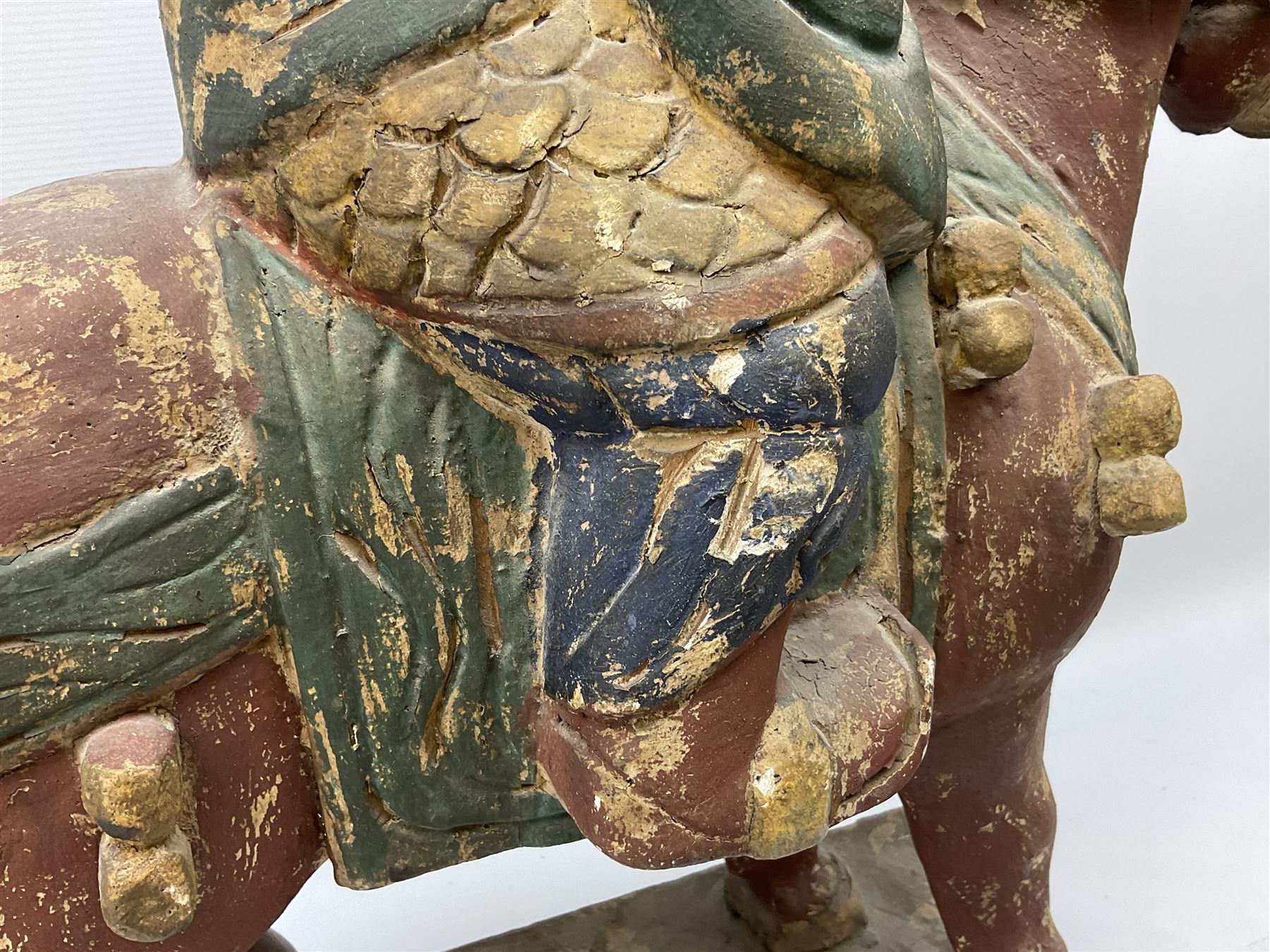 Large carved wood painted figure of warrior on horseback - Image 8 of 9