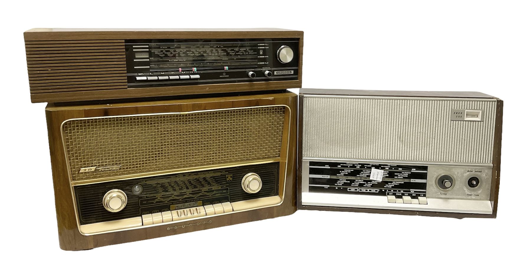 Three mid 20th century radios comprising 1950s Grundig wood cased valve radio model 3028/GB