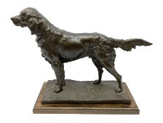 Bronzed figure of a hunting dog raised upon a stepped oak base