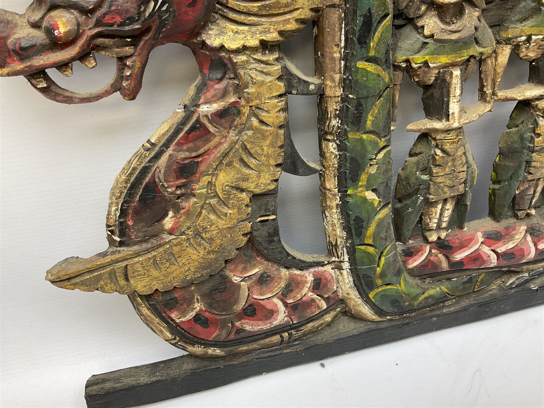 Balinese wood wall panel carved as a dragon boat with passengers - Image 14 of 17