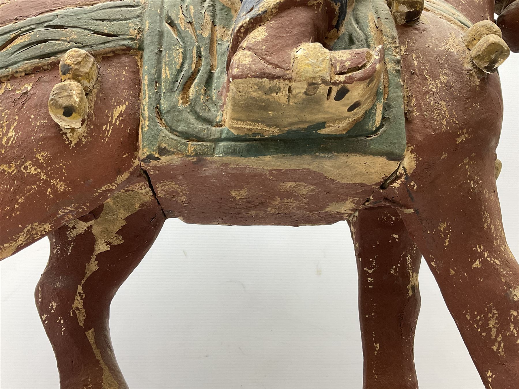 Large carved wood painted figure of warrior on horseback - Image 9 of 9