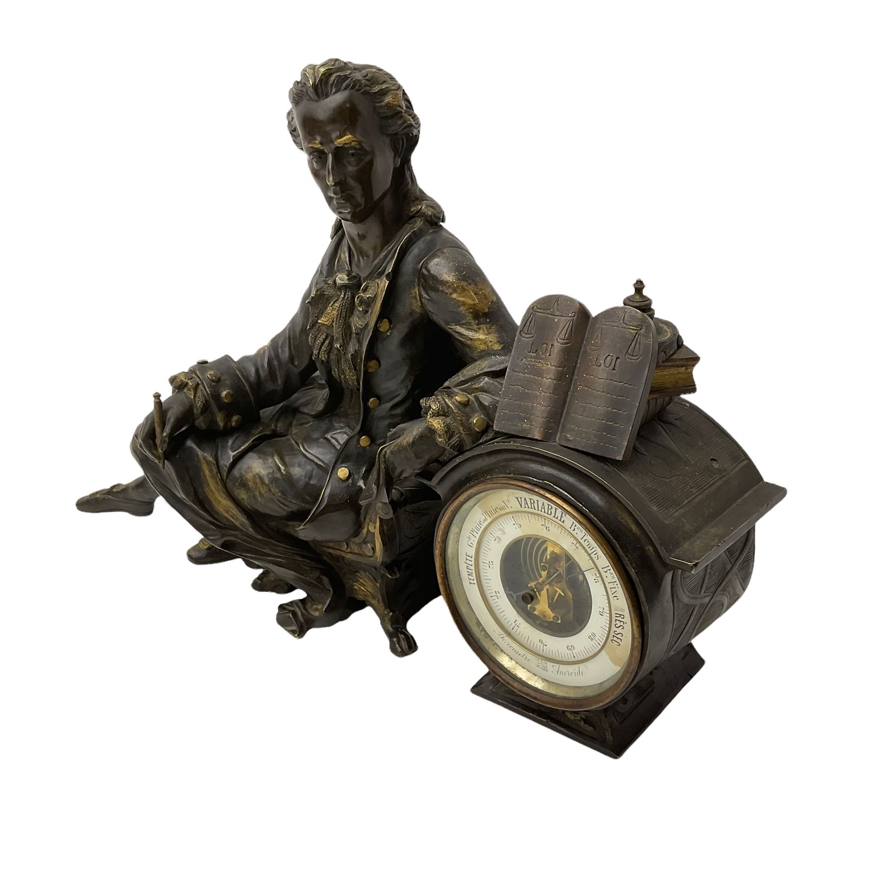 A late 19th century French aneroid barometer housed in a spelter case in the form of a reclining lad - Image 3 of 3