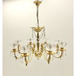Gilt metal and glass mounted eight branch acanthus chandelier
