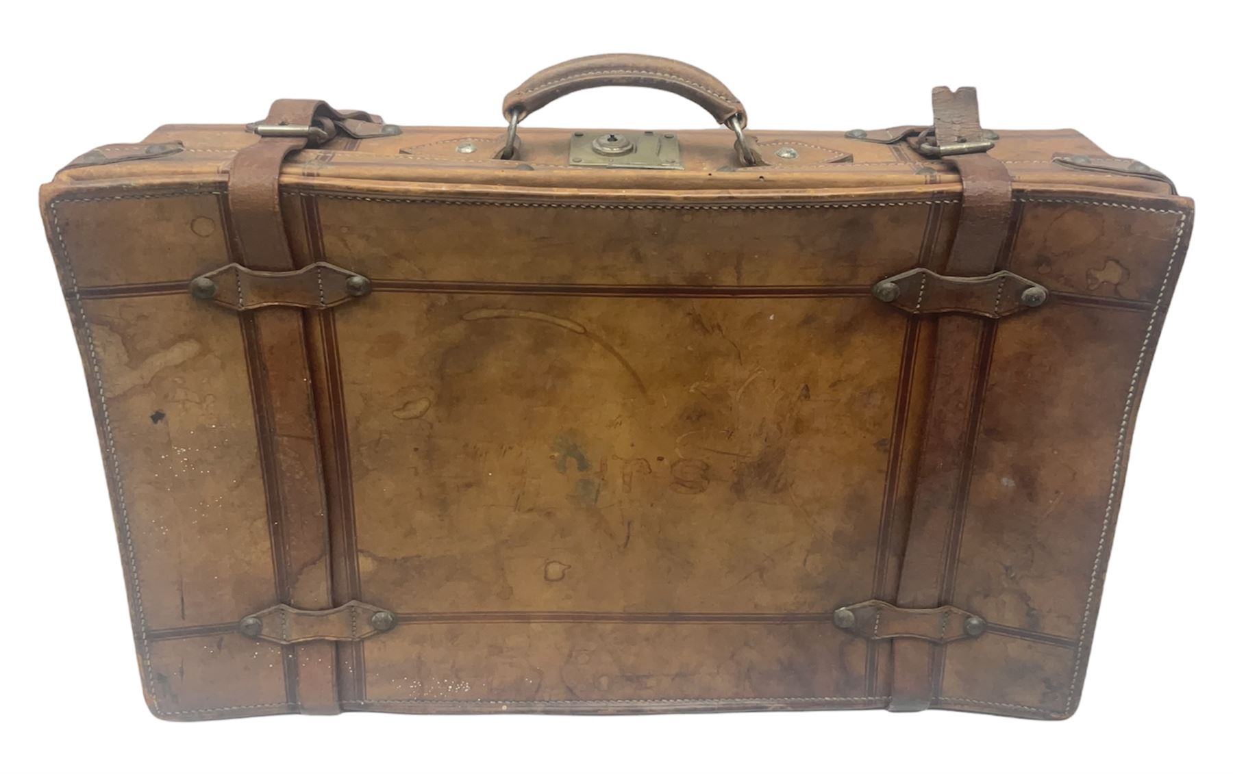 Late 19th/early 20th century stitched and studded leather portmanteau type suitcase with expanding l - Image 2 of 17