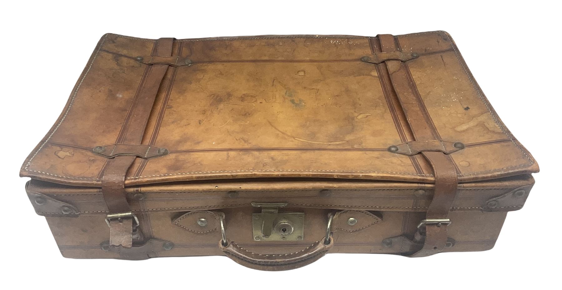 Late 19th/early 20th century stitched and studded leather portmanteau type suitcase with expanding l
