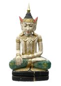 Large painted carved wood figure of a seated Buddha in typical pose