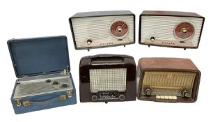 Five mid 20th Century radios comprising PYE model P31MBQ in blue faux crocodile skin case