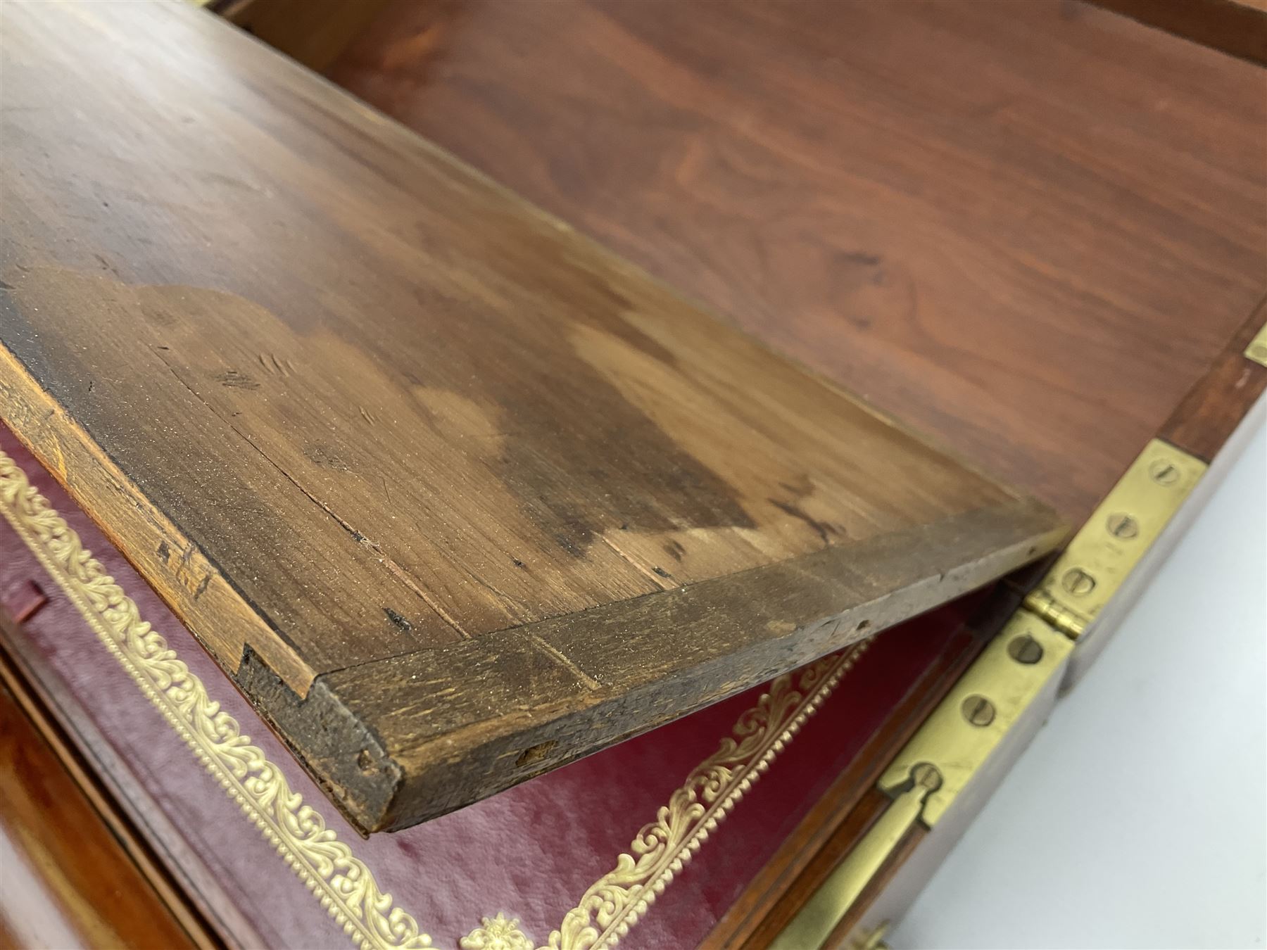 19th century mahogany and brass bound writing slope with twin drop carry handles to sides - Image 11 of 24