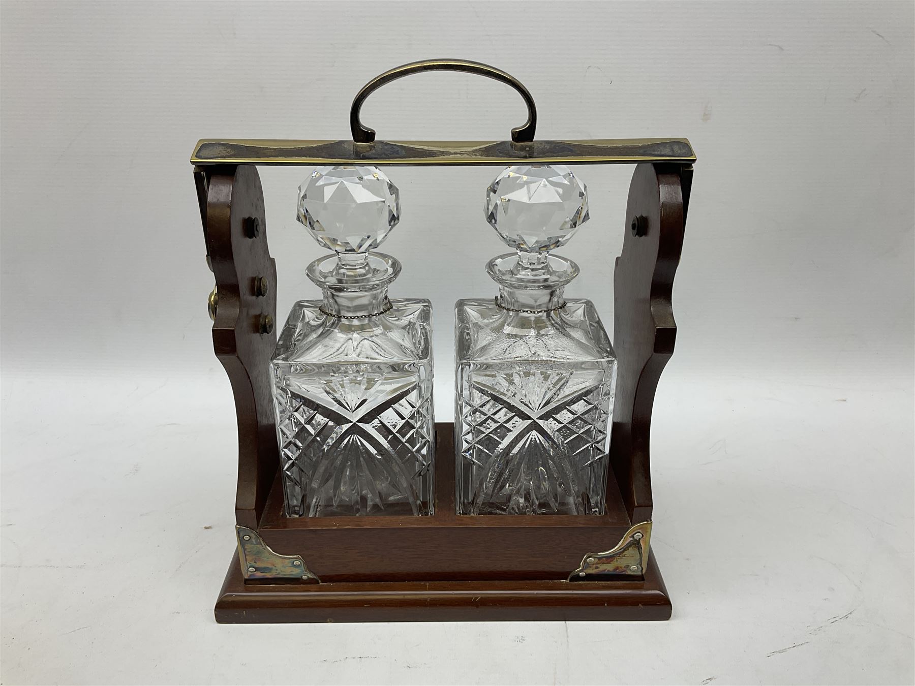 Late 20th century mahogany and silver plated two cut glass decanter tantalus - Image 6 of 8