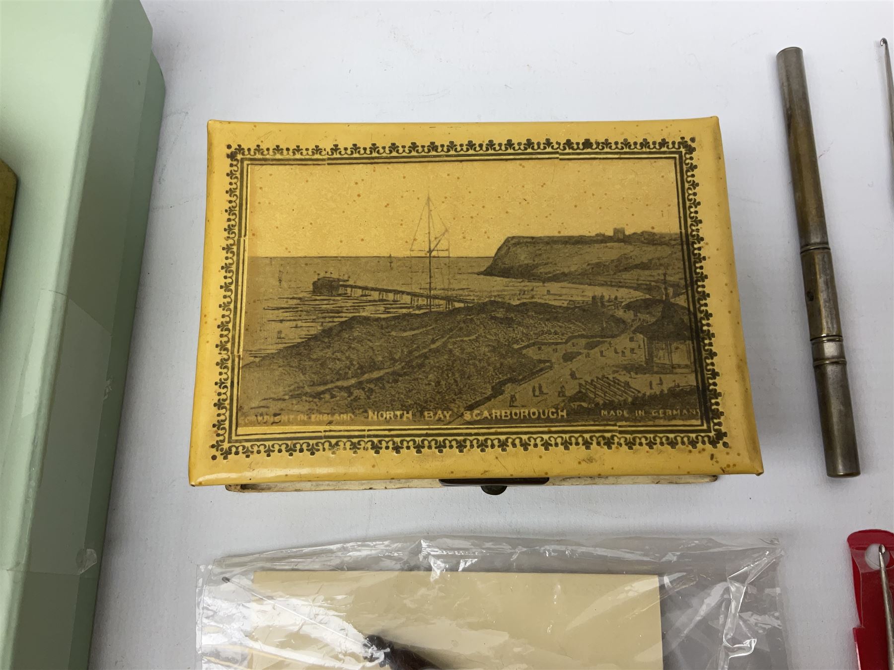 Cased set of carved bone sewing instruments housed in a case depicting North Bay Scarborough - Image 6 of 9