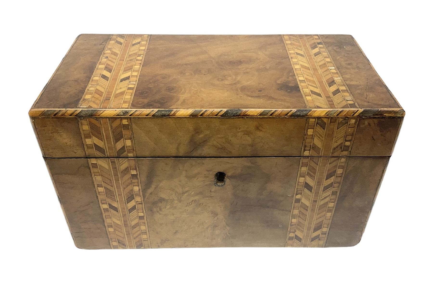 Victorian walnut tea caddy of oblong form with bands of Tunbridge style decoration