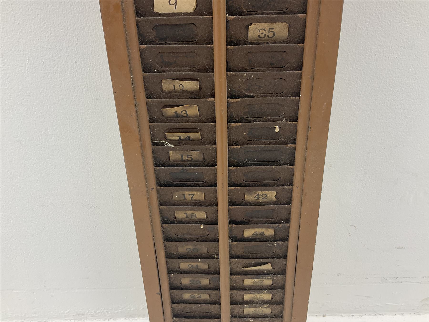 Late 19th/early 20th century wall mounted painted wood and iron clocking in machine card rack - Image 4 of 8